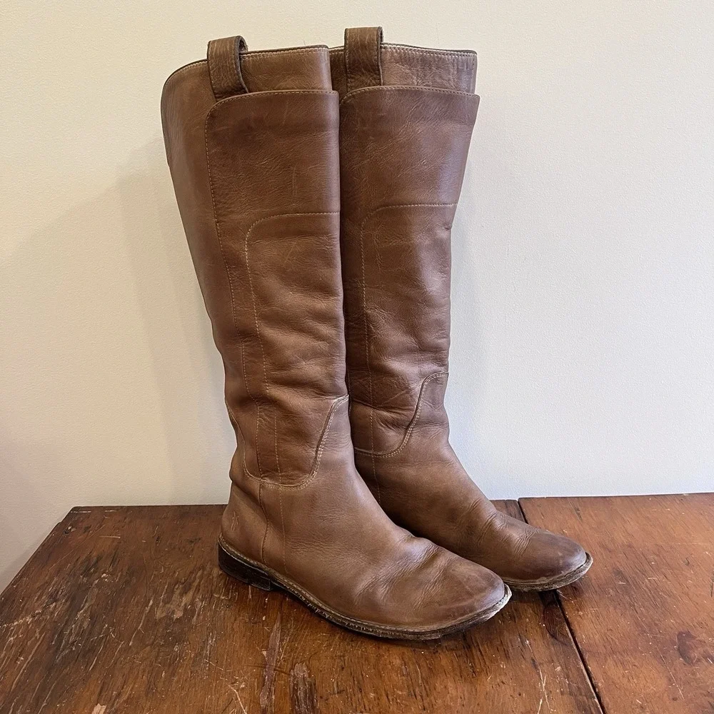 FRYE Boots Paige‎ Tall Riding Tan Leather Boots 77534 - Women's Size 7.5 B